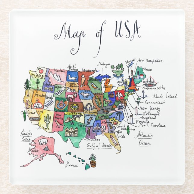 Map of Attractions of United States of America Glass Coaster (Front)
