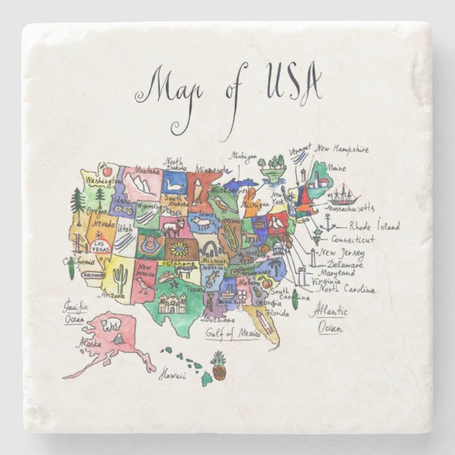 Map of Attractions of United States of America Stone Coaster (Front)