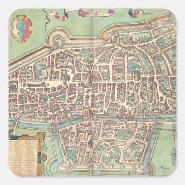 Map of Augsburg, from 'Civitates Orbis Terrarum' b Square Sticker (Front)