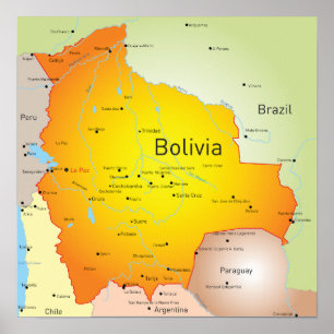 Map of Bolivia with Cities and Borders Poster