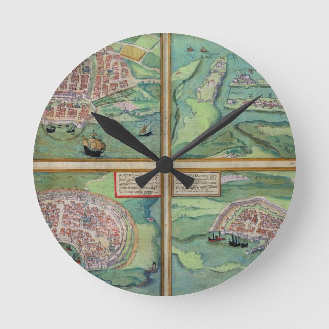 Map of Calais, Malta, Rhodes, and Famagusta, from Round Clock (Front)
