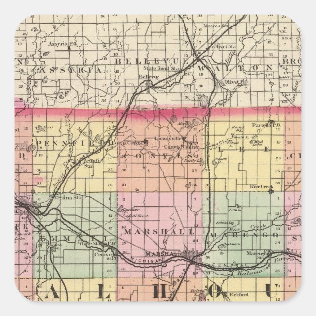 Map of Calhoun County, Michigan Square Sticker (Front)