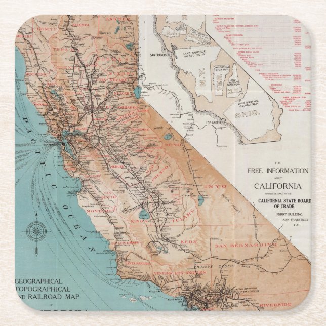 Map of California 2 Square Paper Coaster (Front)