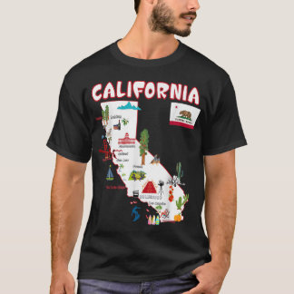 Map of California Landmarks, major cities, flag T-Shirt