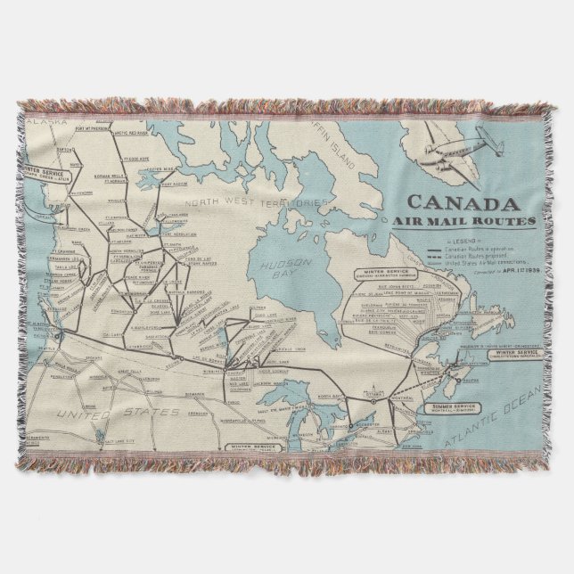 Map of Canada - Canada Air Mail Routes Throw Blanket (Front)