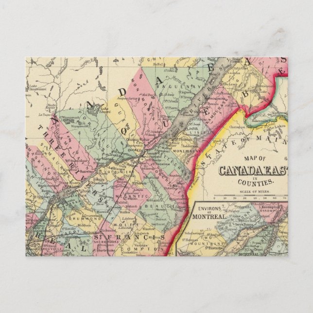 Map Of Canada East In Counties Postcard (Front)