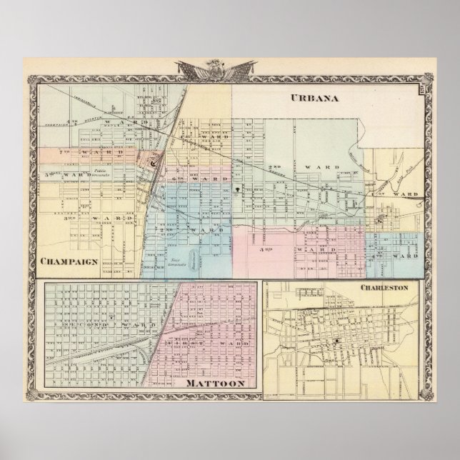 Map of Champaign, Urbana, Mattoon and Charleston Poster (Front)