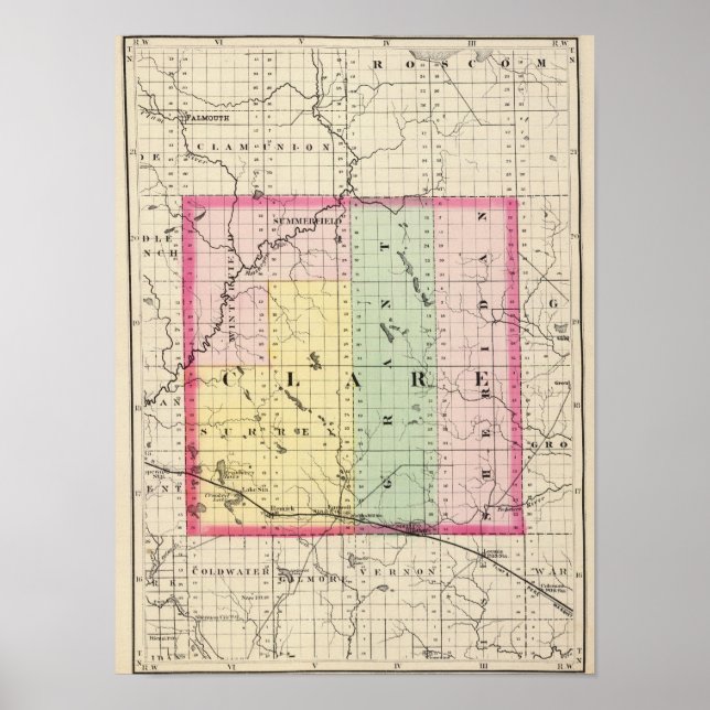 Map of Clare County, Michigan Poster (Front)