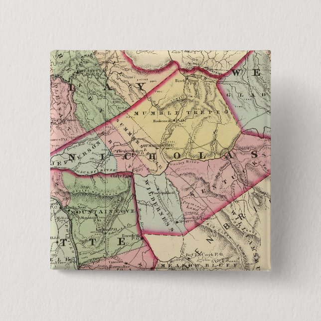 Map of Clay, Webster, Nicholas, Fayette counties 15 Cm Square Badge (Front)