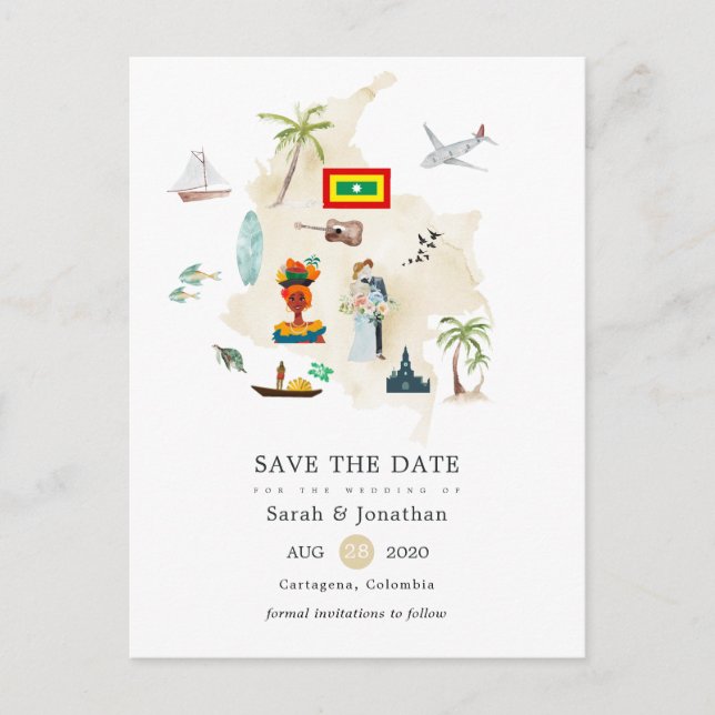 Map of Columbia Cartagena Destination Wedding Announcement Postcard (Front)