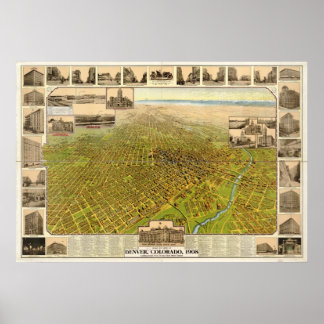 Map of Denver, Birds-Eye View, 1908 Poster
