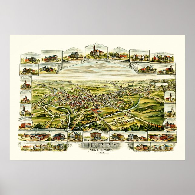 Map of Derry, New Hampshire from 1898 Poster (Front)
