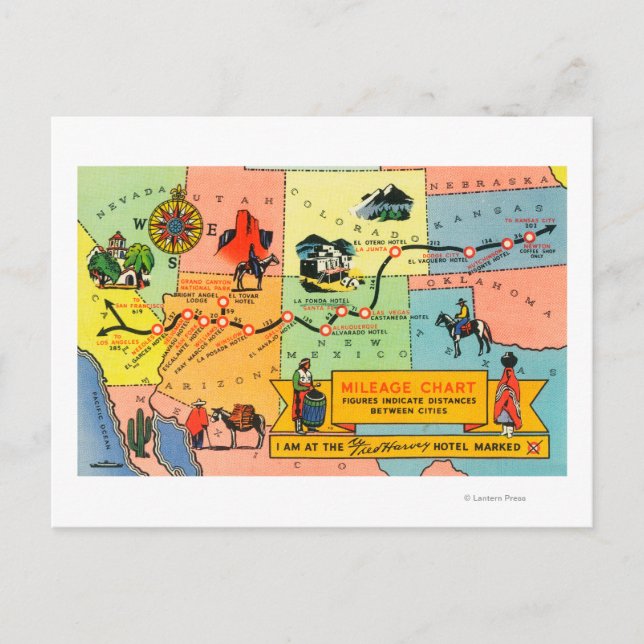 Map of Fred Harvey Hotel LocationsCA to KS Postcard (Front)