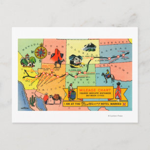 Map of Fred Harvey Hotel LocationsCA to KS Postcard
