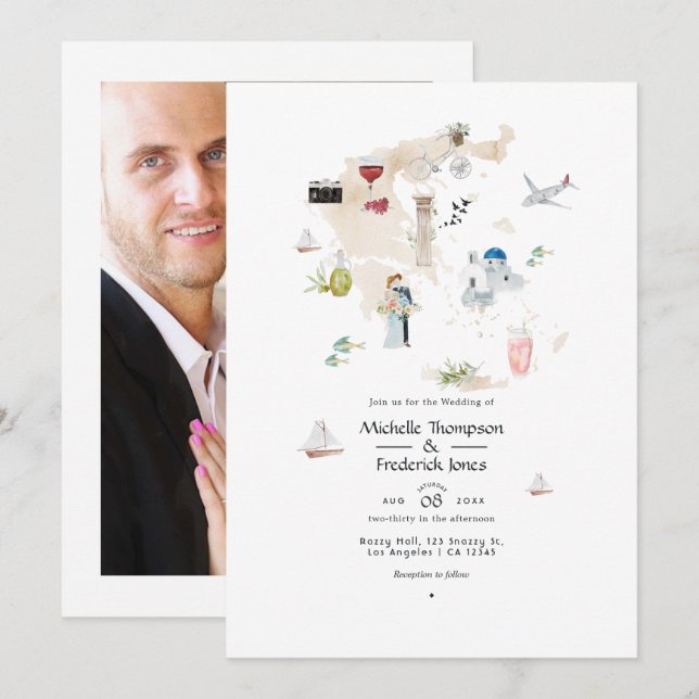 Map of Greece Destination Wedding Photo Invitation (Front/Back)
