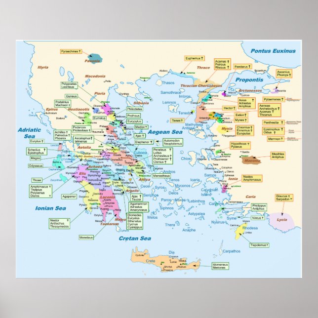 Map of Homeric Era Greece with English labels Poster (Front)