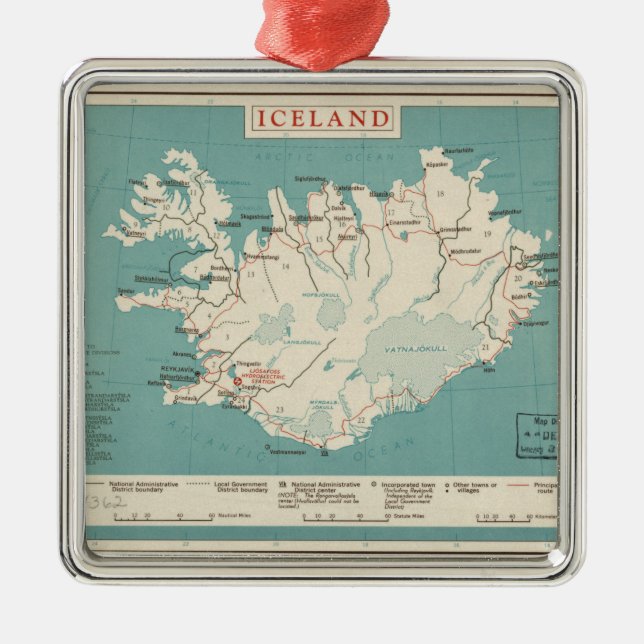 Map of Iceland (circa 1959) Metal Ornament (Front)