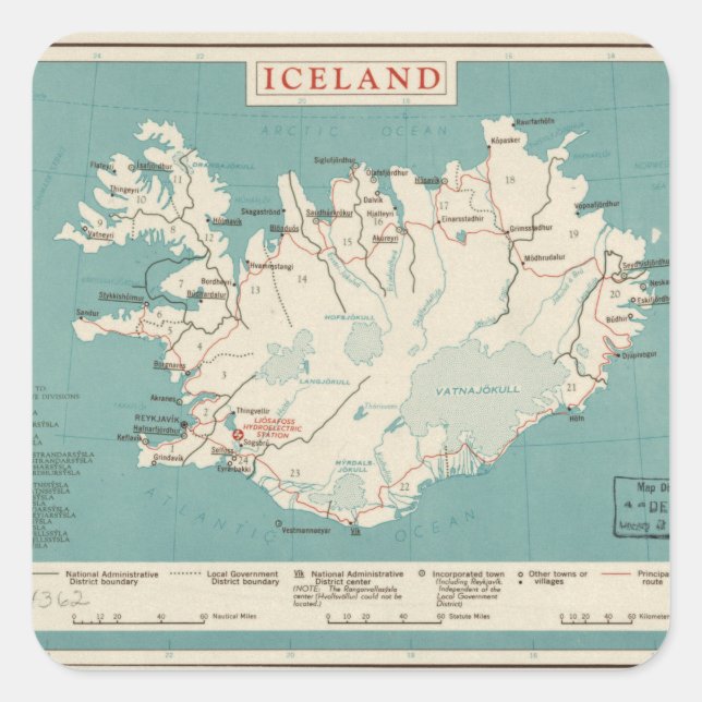 Map of Iceland (circa 1959) Square Sticker (Front)