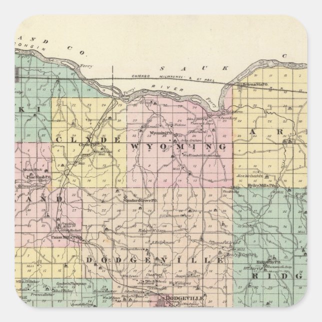 Map of Iowa County, State of Wisconsin Square Sticker (Front)