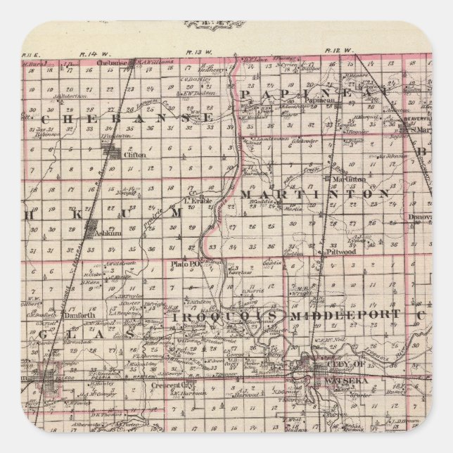 Map of Iroquois County Square Sticker (Front)