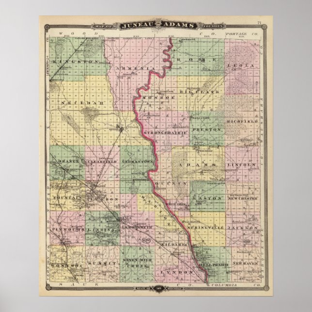 Map of Juneau and Adams counties Poster (Front)