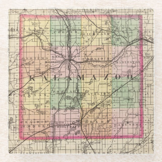 Map of Kalamazoo County, Michigan Glass Coaster (Front)