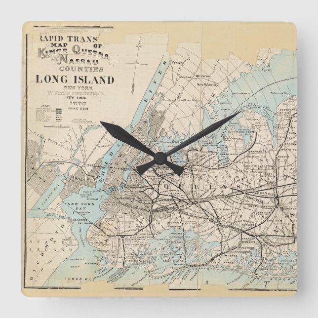 Map of Kings, Queens, Long Island Square Wall Clock (Front)