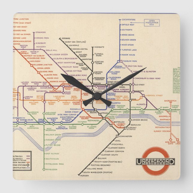 Map of London's Underground Railways Square Wall Clock (Front)