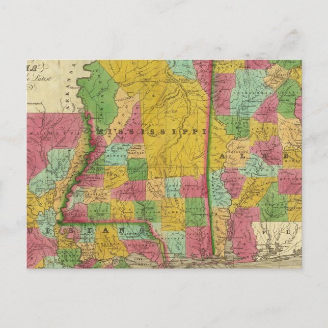Map of Louisiana, Mississippi and Alabama Postcard (Front)