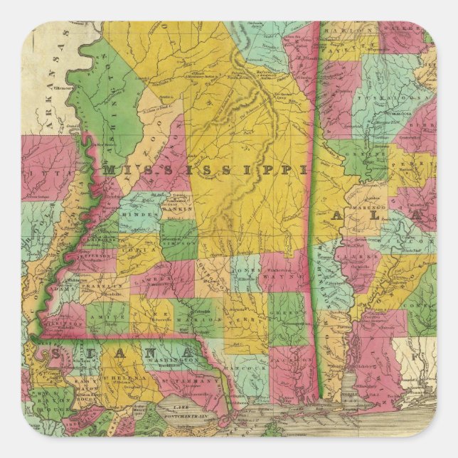 Map of Louisiana, Mississippi and Alabama Square Sticker (Front)