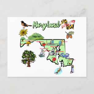  map of Maryland state, USA, major cities Postcard