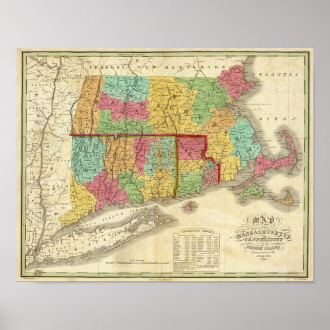 Map of Massachusetts Connecticut And Rhode Island Poster (Front)