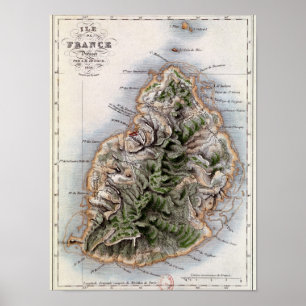 Map of Mauritius, illustration 'Paul et Virginie' Poster