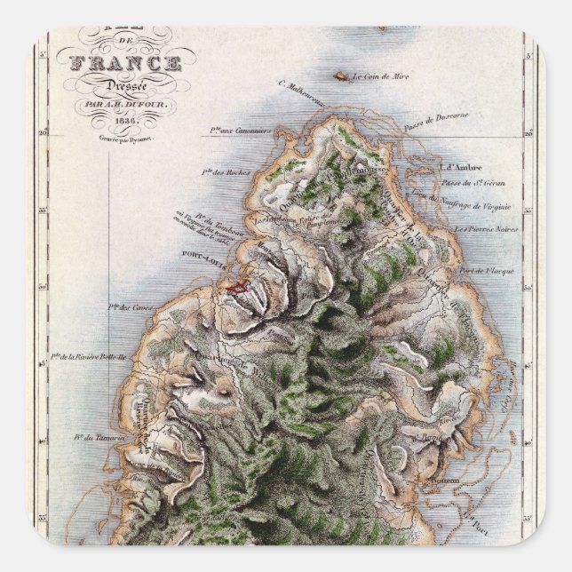 Map of Mauritius, illustration 'Paul et Virginie' Square Sticker (Front)