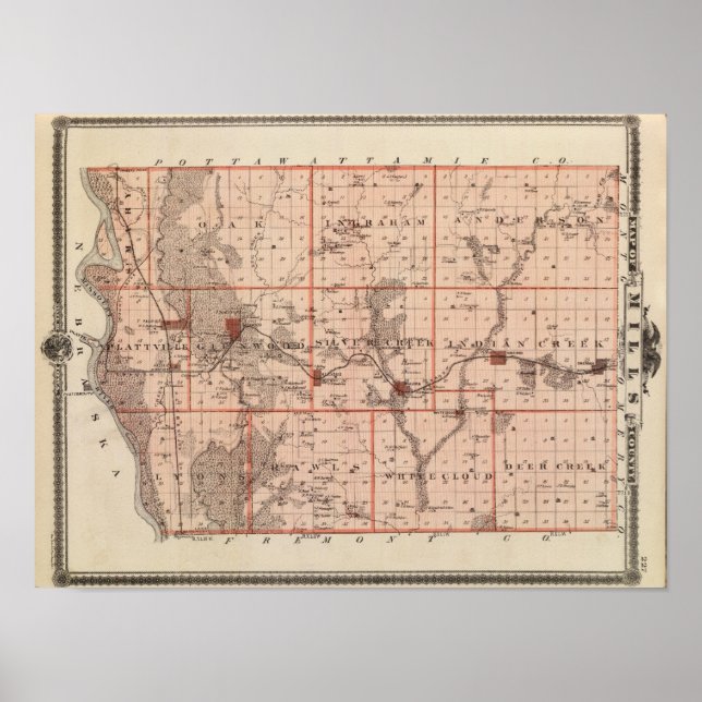 Map of Mills County, State of Iowa Poster (Front)