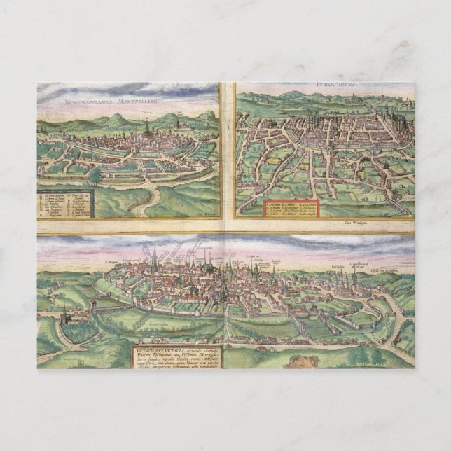 Map of Montpellier, Tours, and Poitiers, from 'Civ Postcard (Front)