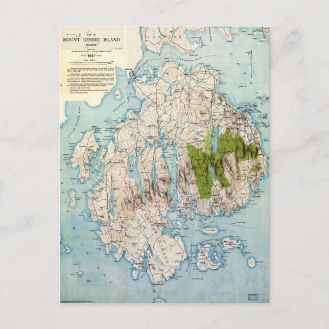 Map of Mount Desert Island, Maine (1917) Postcard (Front)