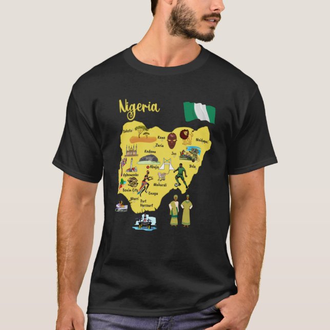 Map of Nigeria Landmarks symbols major cities flag T-Shirt (Front)