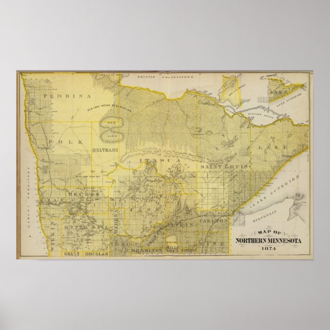 Map of Northern Minnesota, 1874 Poster (Front)