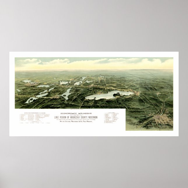 Map of Oconomowoc and Waukesha Wisconsin in 1890 Poster (Front)