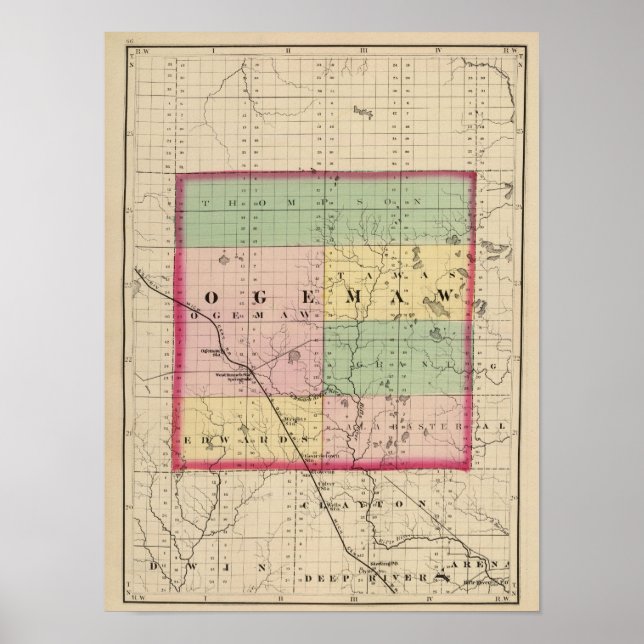 Map of Ogemaw County, Michigan Poster (Front)