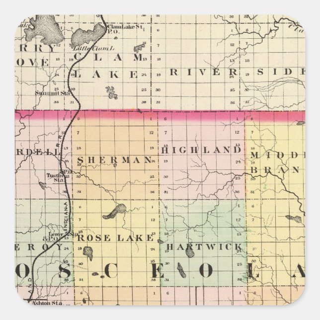 Map of Osceola County, Michigan Square Sticker (Front)