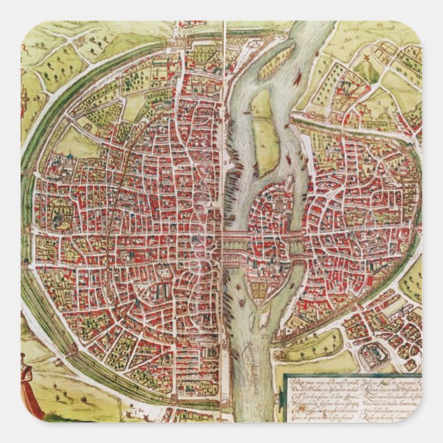 Map of Paris from 'Civitates orbis terrarrum' Square Sticker (Front)