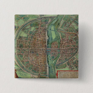 Map of Paris, from 'Civitates Orbis Terrarum' by G 15 Cm Square Badge
