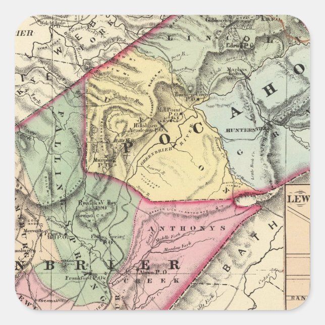 Map of Pocohontas, Greenbrier counties Square Sticker (Front)