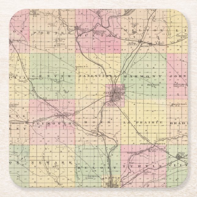 Map of Rock County, State of Wisconsin Square Paper Coaster (Front)