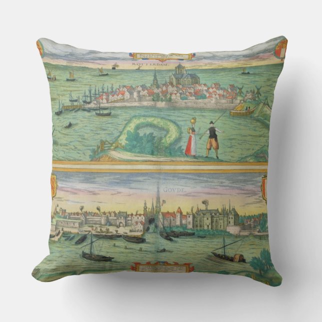Map of Rotterdam and Gouda, from 'Civitates Orbis Cushion (Front)