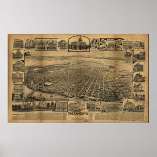 Map of Sacramento, Birds-Eye View, 1890 Poster
