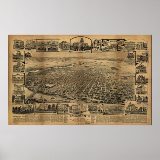 Map of Sacramento, Birds-Eye View, 1890 Poster (Front)