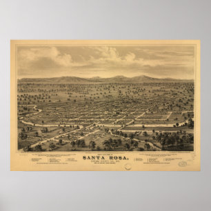 Map of Santa Rosa, Birds-Eye View, 1876 Poster